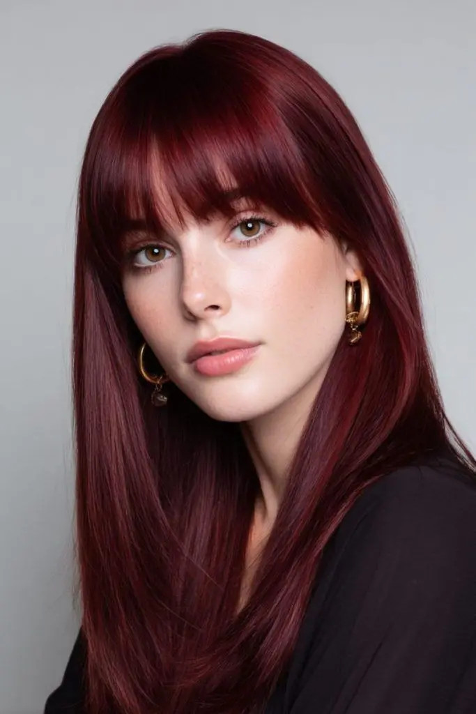 Deep Cherry Red Blunt Bob With Bangs — Cherry Red Hair