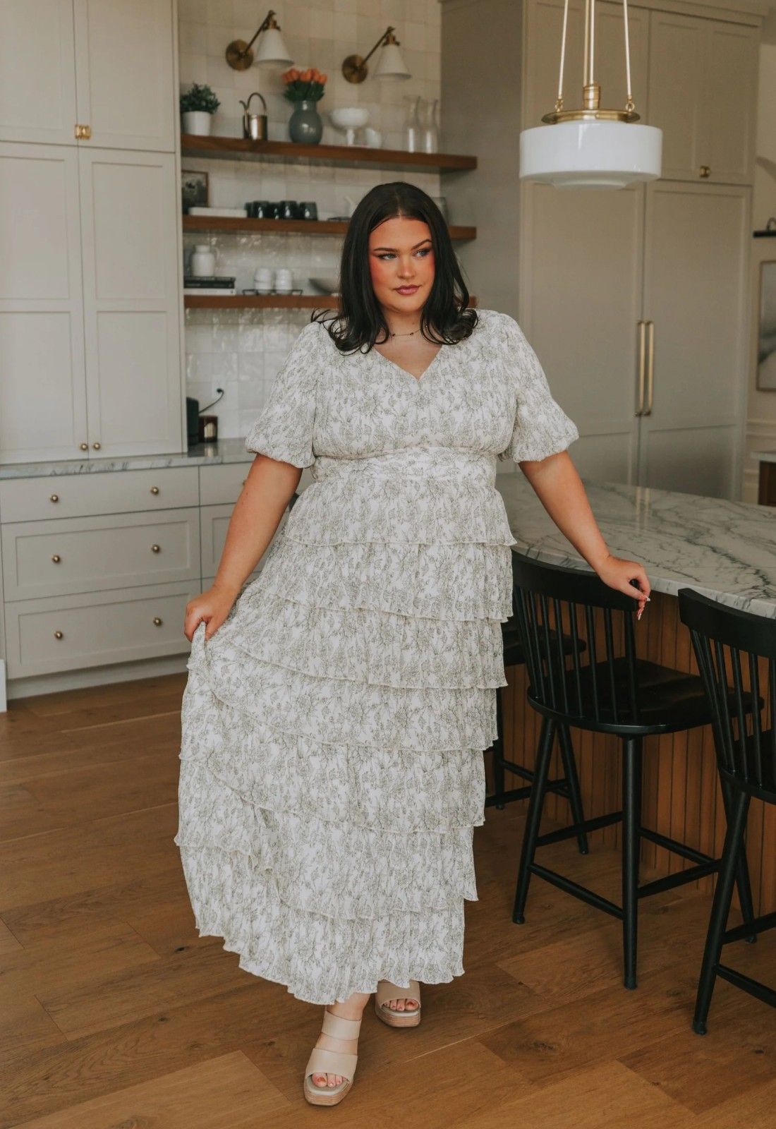White and Green Floral Print Midi Dress with Tiered Skirt White and Green Floral Print Midi Dress with Tiered Skirt — Bridal Shower Dresses