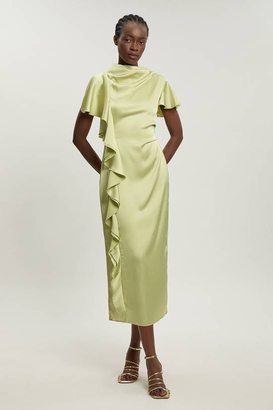 Lime Green Satin Midi Dress with Ruffle Detail — Satin Dress Outfits