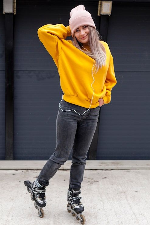 Bright Yellow Sweatshirt and Grey Jeans for Outdoor Skating — Roller Skating Outfits