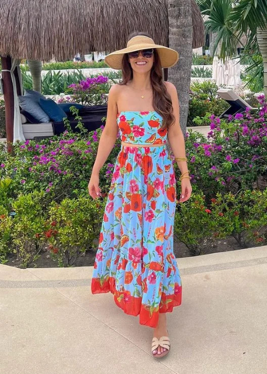 Tropical Bandeau Set with Straw Hat for Island Vibes — Mexico Vacation Outfits