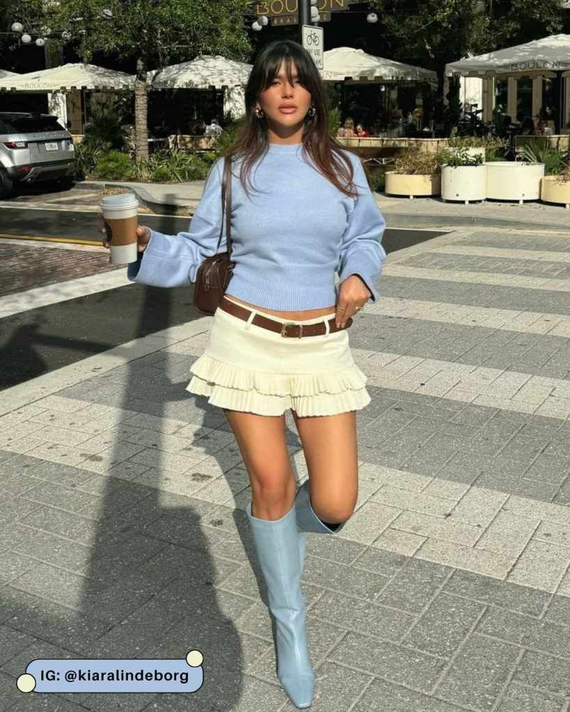 Light Blue Sweater and Mini Skirt with Knee-High Boots Light Blue Sweater and Mini Skirt with Knee-High Boots — Coffee Date Outfits
