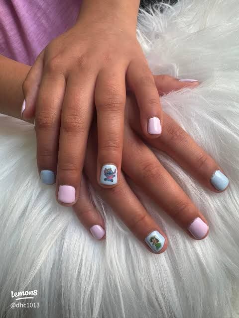 Pastel Round Nails with Cartoon Characters — Nails for Little Girls