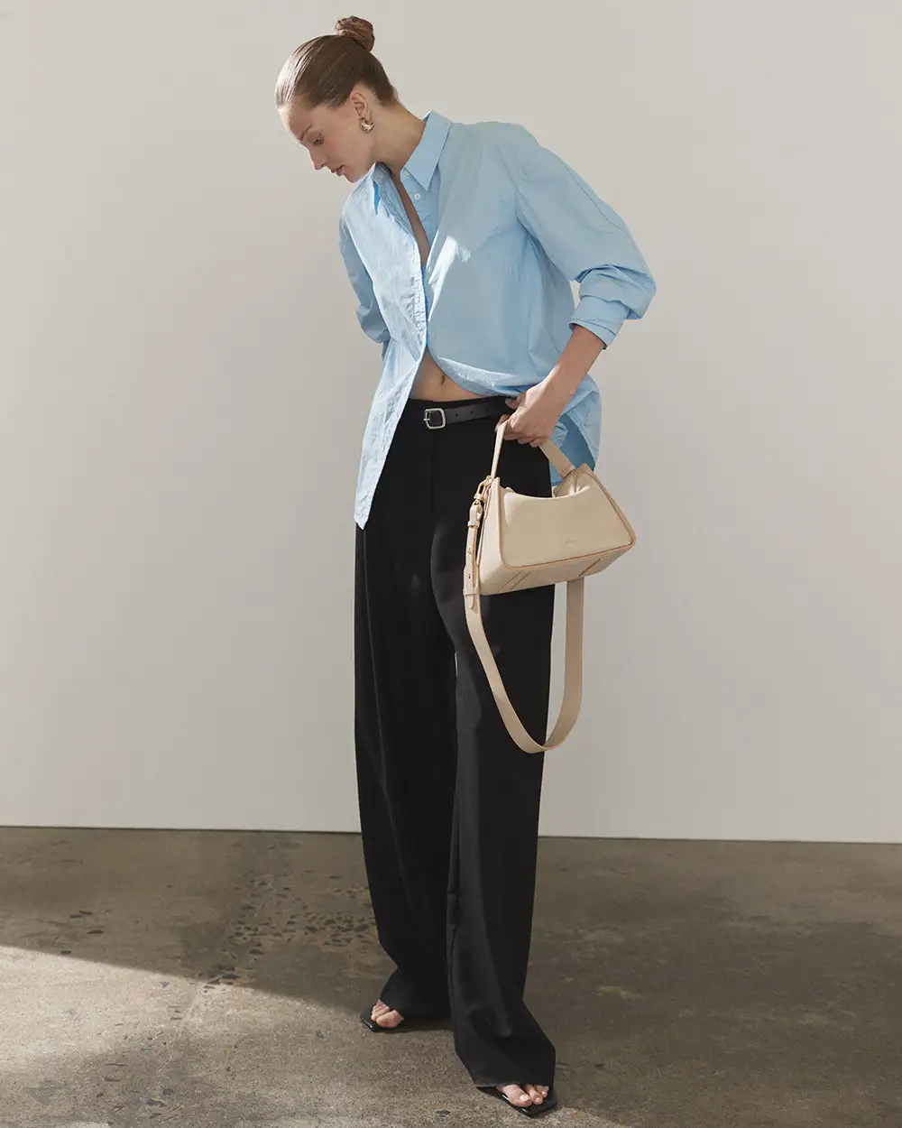 Beige Shoulder Bag with Oversized Shirt and Trousers — Designer Bags