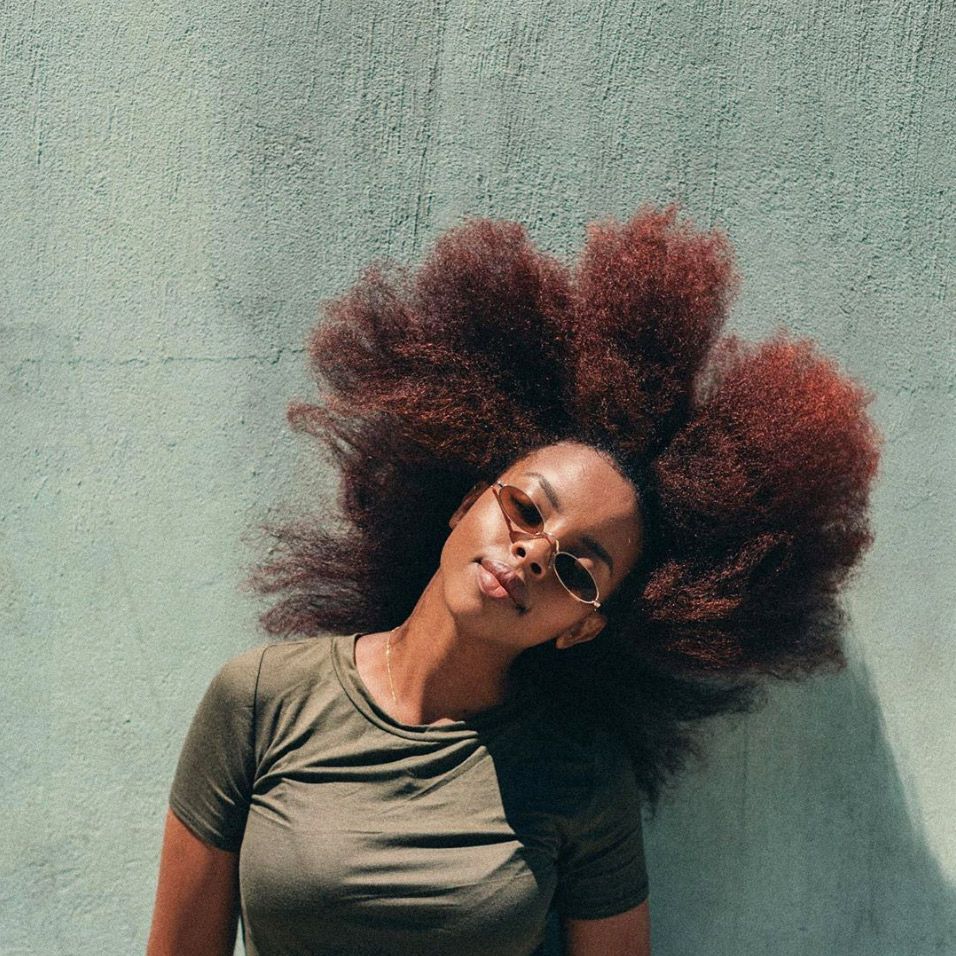 Dark Red-Brown Afro With Fiery Red Highlights Dark Red-Brown Afro With Fiery Red Highlights — Natural Hair Colors