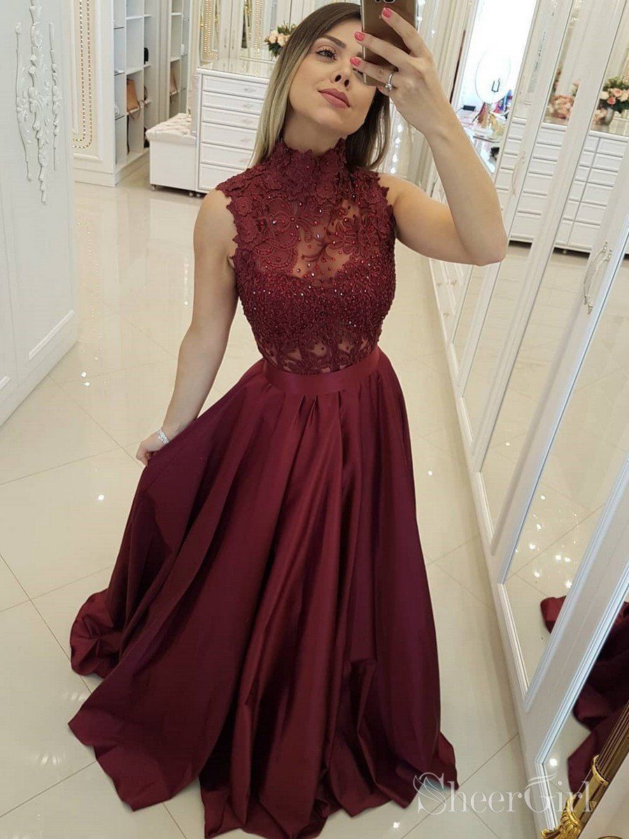 Maroon Satin A-Line Gown with High Neck Lace Bodice — Military Ball Dresses