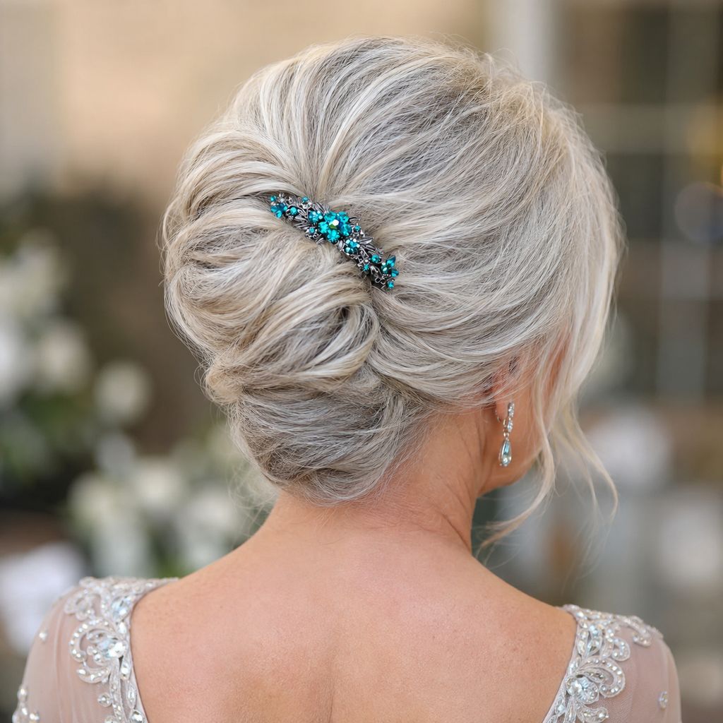Silver/Grey Soft Textured Updo with Jewels — Church Hairstyles