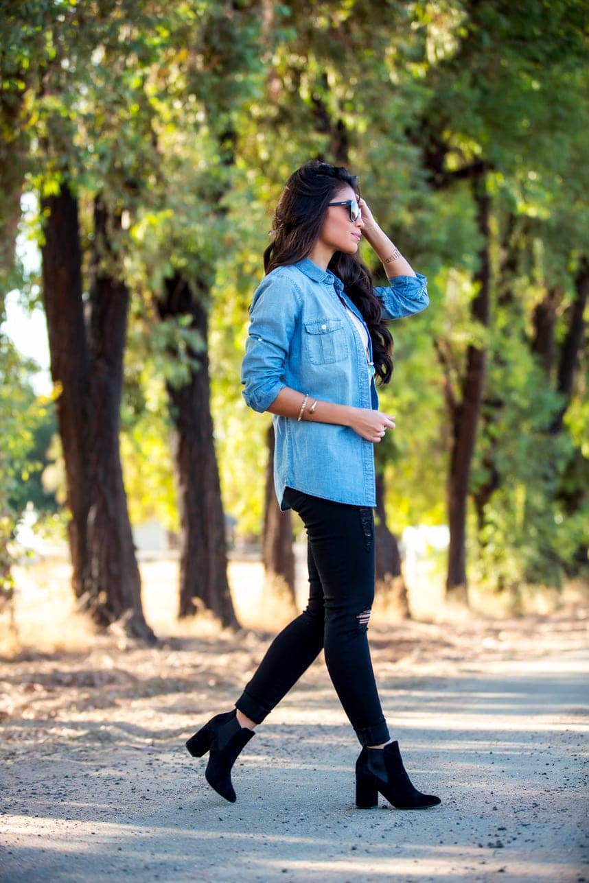 Distressed Denim Shirt with Black Skinny Jeans and Ankle Boots — Denim Outfits