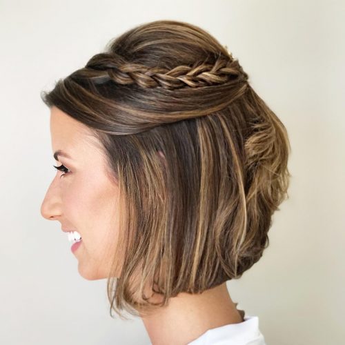 Dark Bob Half-Up With Crown Braid Dark Bob Half-Up With Crown Braid — Updos for Short Hair