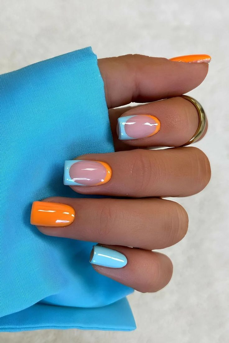 French Tips In Orange And Light Blue Visual Idea — Miami Nails