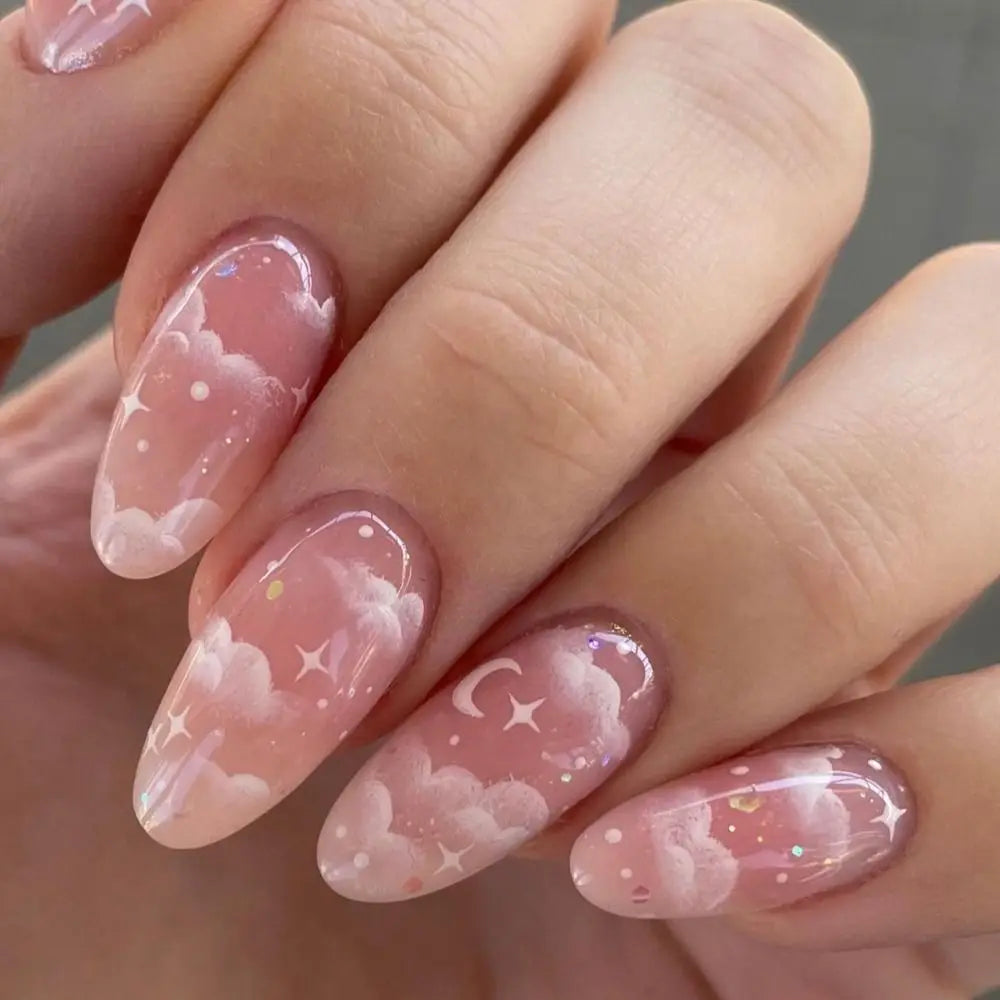 Dreamy Pink Cloud and Moon Almond Nails Dreamy Pink Cloud and Moon Almond Nails — Cloud Nails