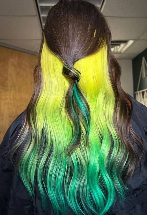 Dark Brown Base With Neon Yellow Green Highlights Dark Brown Base With Neon Yellow Green Highlights — Neon Green Hair