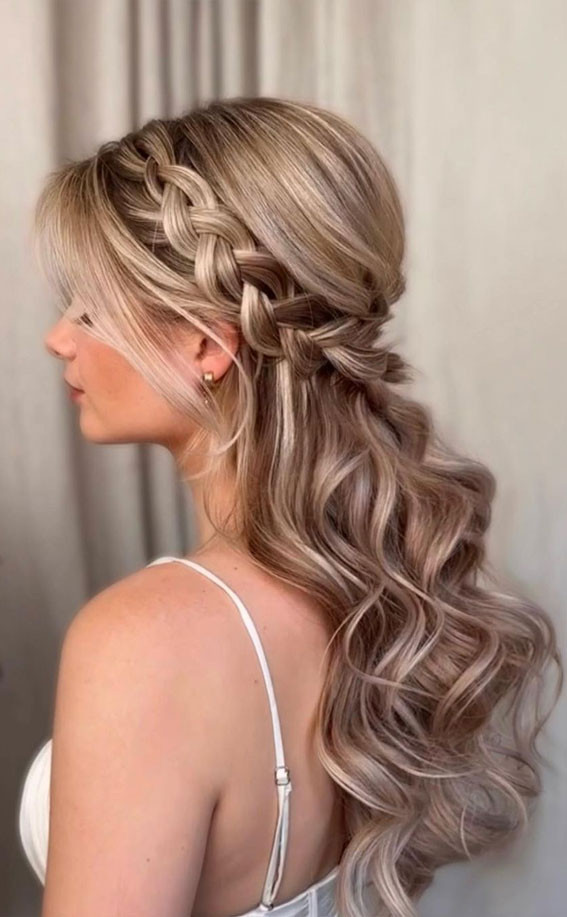 Ash Blonde Braided Crown With Side Bangs Ash Blonde Braided Crown With Side Bangs — Half Up Half Down with Braids