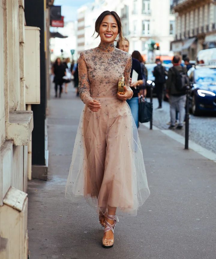 Beige Embellished Midi Dress with Sheer Overlay — Going Out Dresses