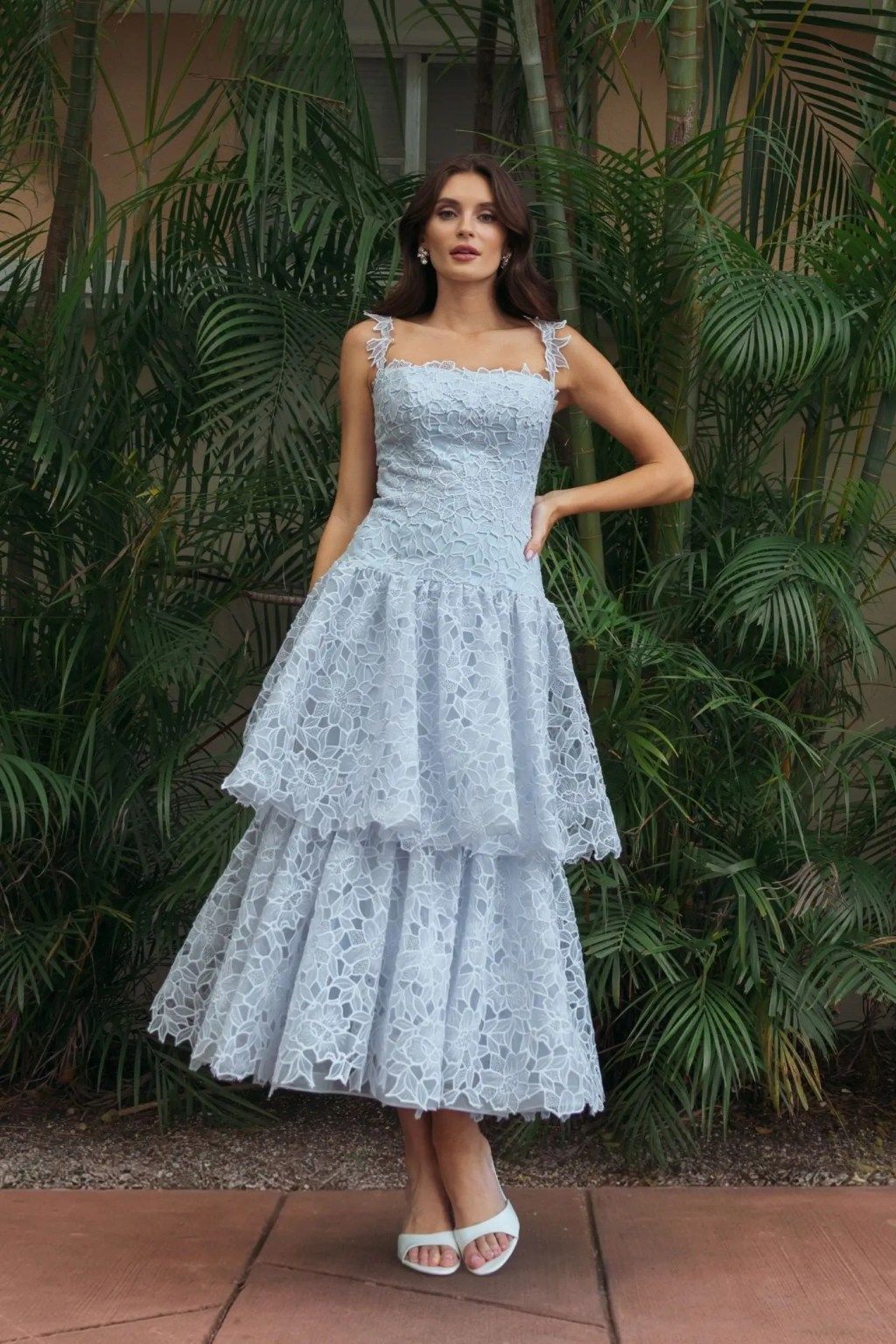 Light Blue Lace Dress: Formal Tiered Silhouette — Lace Dress Outfits