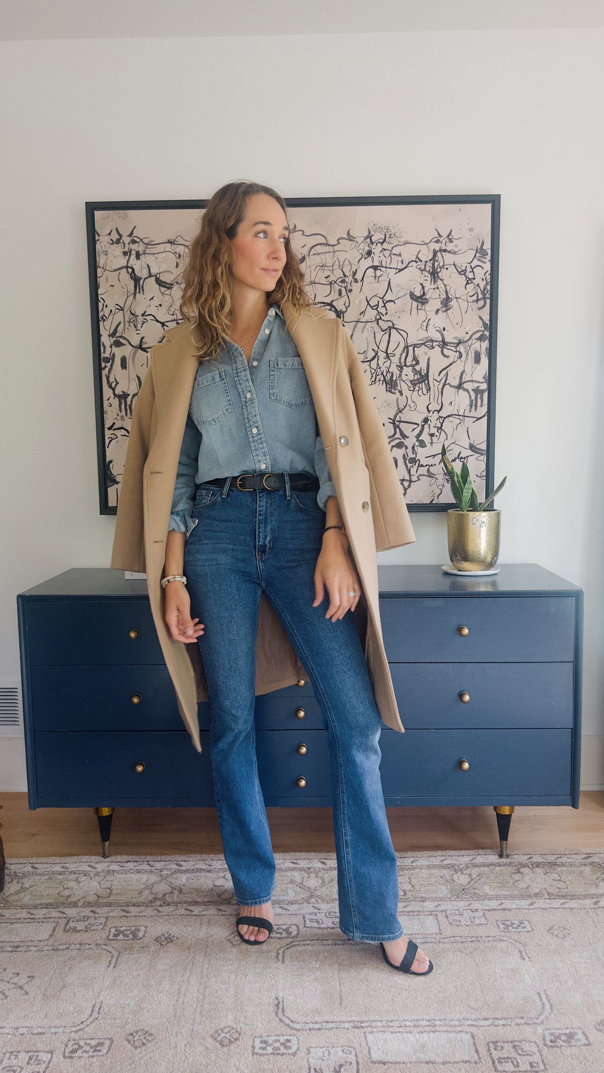 Camel Coat Drape Over Denim Shirt and Flares — Flare Jeans Outfits