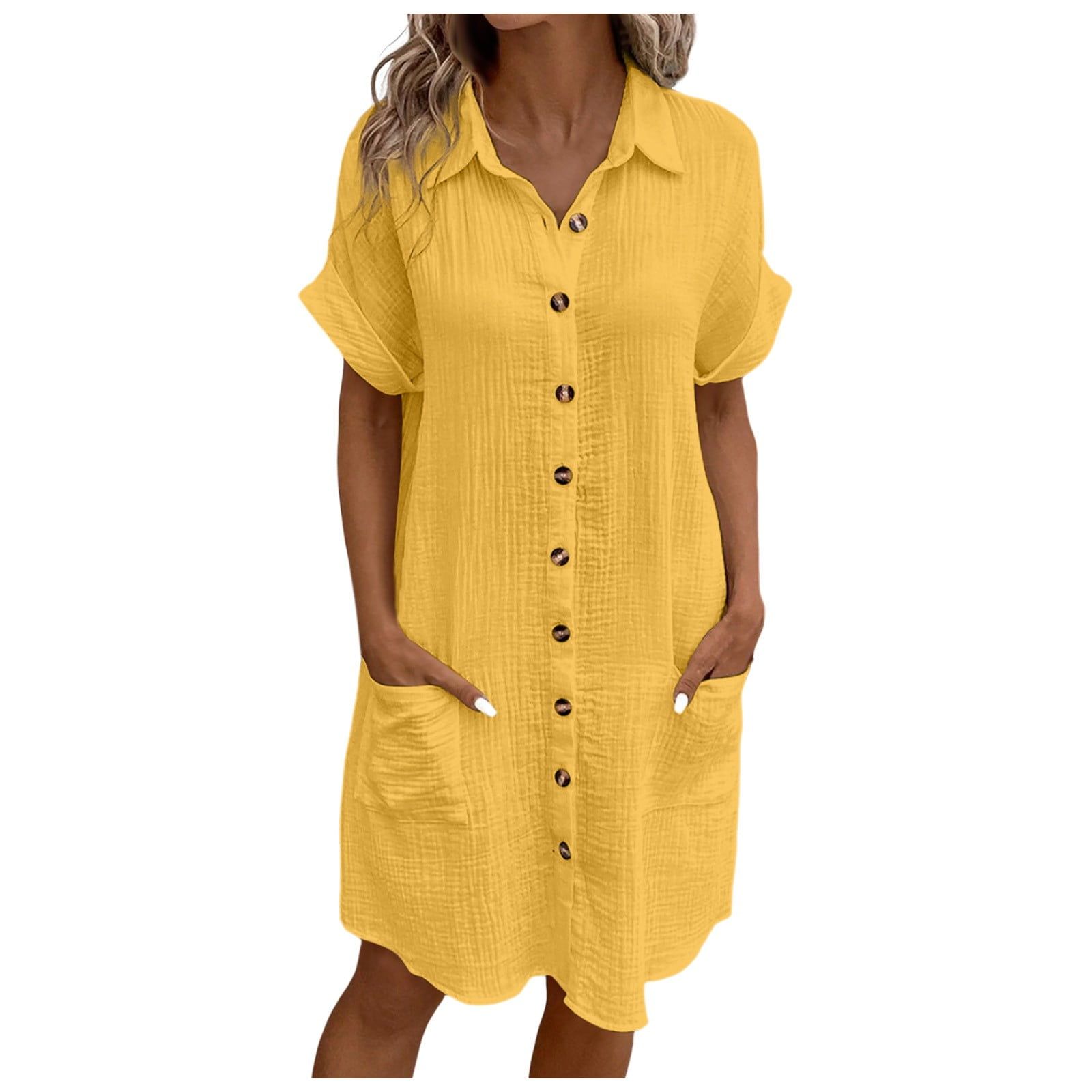 Yellow Crinkled Maxi Shirt Dress with Pockets Yellow Crinkled Maxi Shirt Dress with Pockets — Dresses for Women Over 60