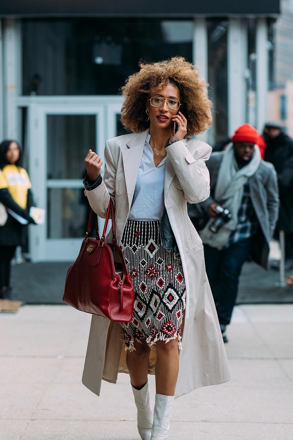 Patterned Fringe Pencil Skirt with Trench Coat and White Boots — Pencil Skirt Outfits