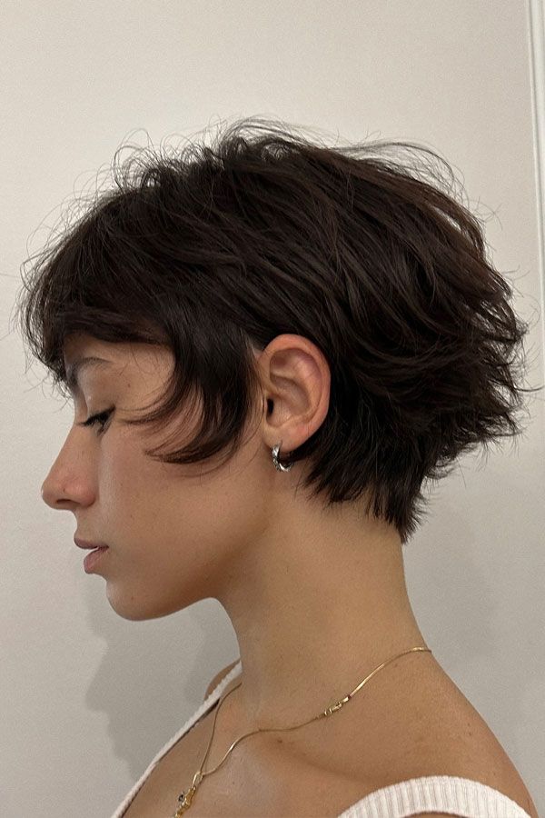 Dark Brown Shag With Side Swept Bangs — Short Shag