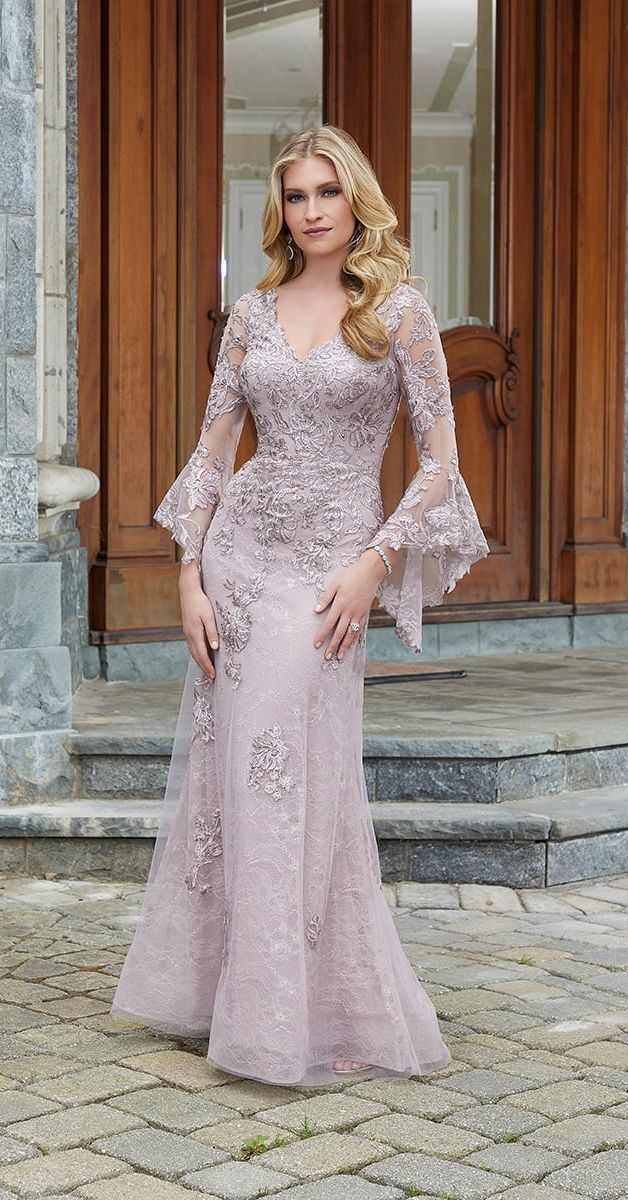 Pale Lavender Lace Gown with Bell Sleeves and Mesh Underlay Pale Lavender Lace Gown with Bell Sleeves and Mesh Underlay — Mother of the Bride Dresses