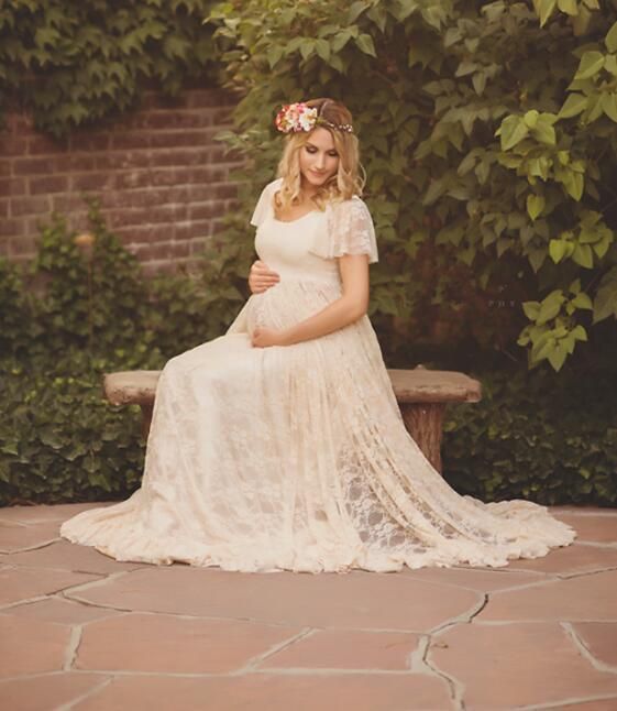 Ivory Lace Maternity Gown with Flutter Sleeves Ivory Lace Maternity Gown with Flutter Sleeves — Maternity Dresses
