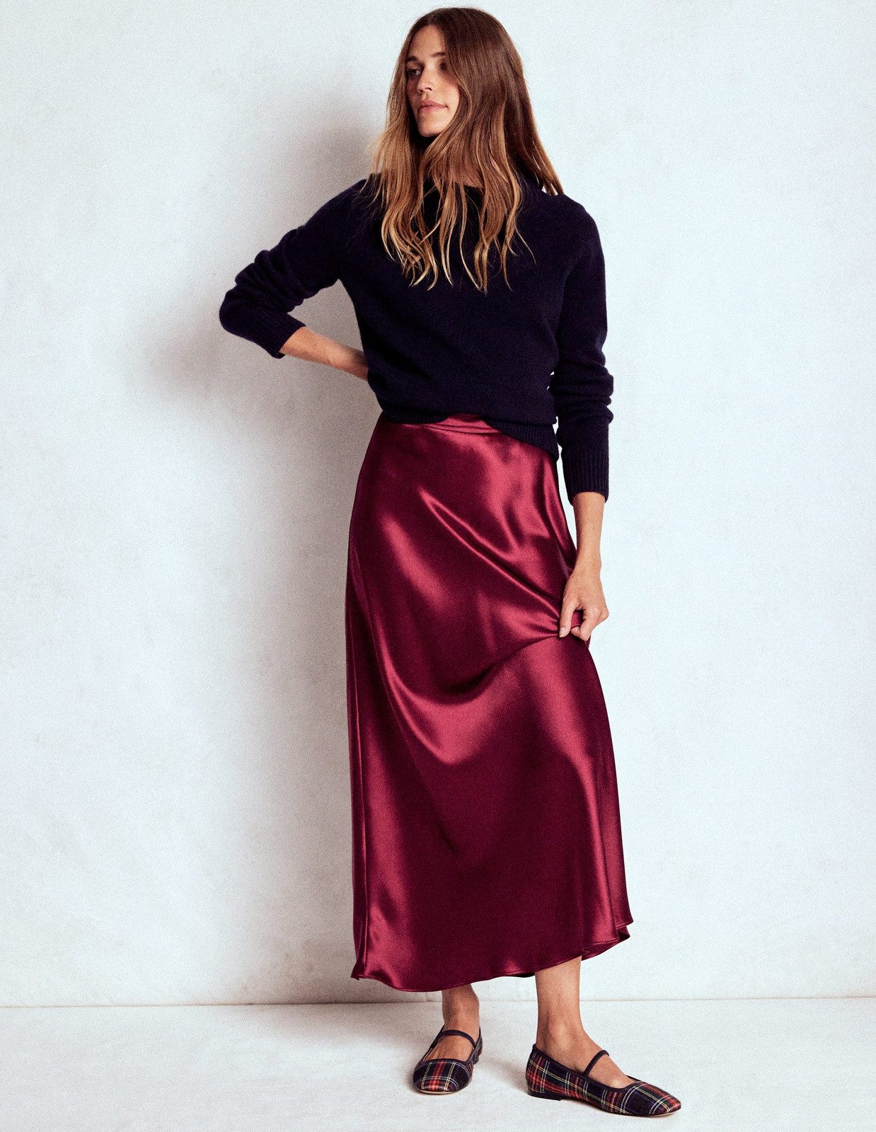 Deep Red Satin Slip Skirt with Navy Sweater for Casual Cool Deep Red Satin Slip Skirt with Navy Sweater for Casual Cool — Slip Skirts