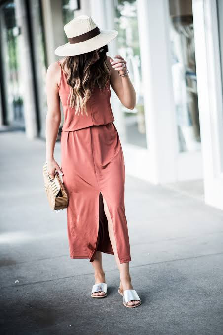 Rust Maxi Dress with Thigh-High Slit Rust Maxi Dress with Thigh-High Slit — Houston Outfits