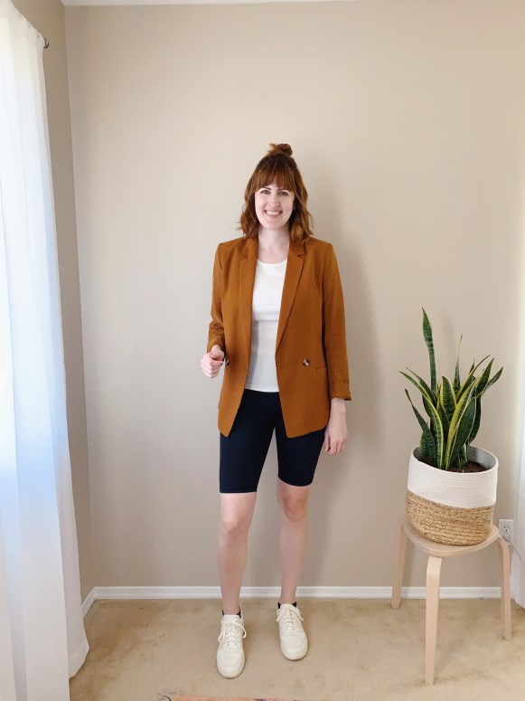 Navy Biker Shorts With White Tank and Brown Blazer — Biker Shorts Outfits
