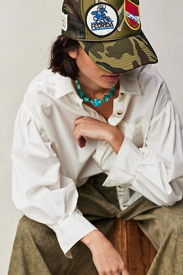Camouflage Trucker Hat with Patches and Oversized Shirt Camouflage Trucker Hat with Patches and Oversized Shirt — Trucker Hat Outfits