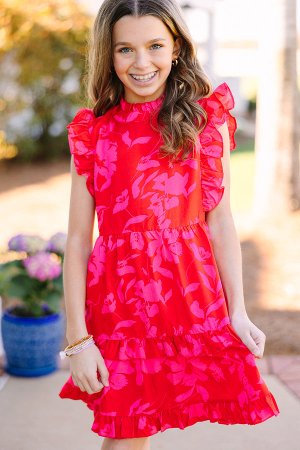 Vibrant Red Tiered Dress with Hot Pink Floral Print — Tween Dresses