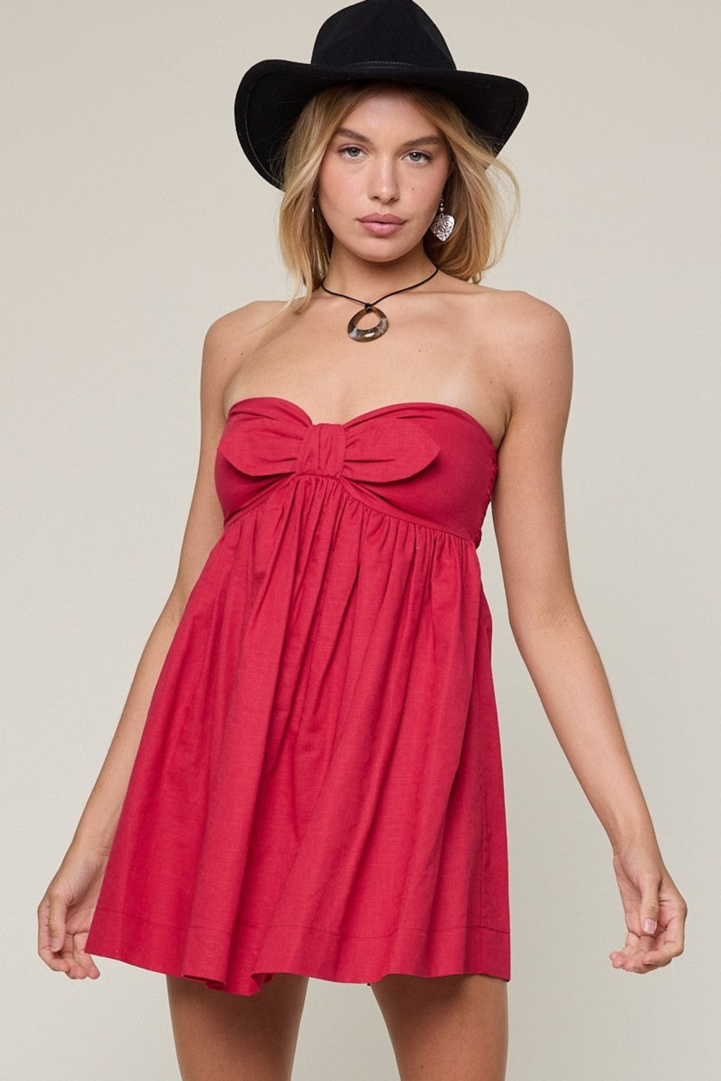Vibrant Red Strapless Babydoll Mini with Bow Detail — Babydoll Dresses