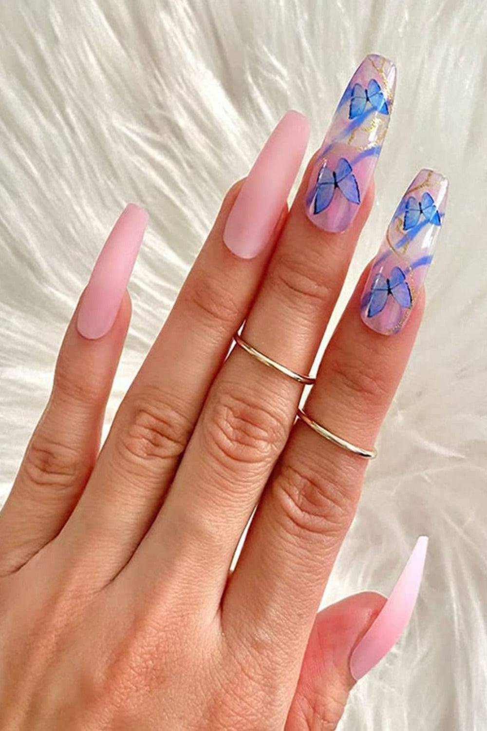 Pink Blue Butterfly Decals Transparent Coffin Pink Blue Butterfly Decals Transparent Coffin — Butterfly Nails