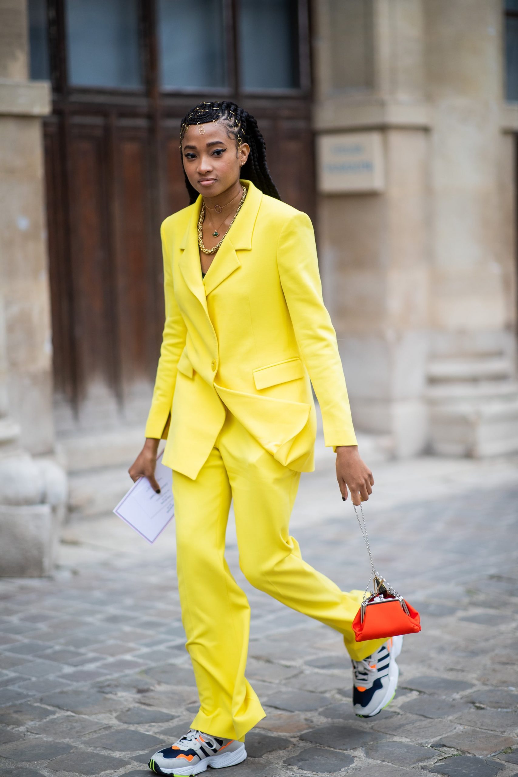 Bold Yellow Suit with Multicolored Chunky Sneakers Bold Yellow Suit with Multicolored Chunky Sneakers — Chunky Sneakers Outfits