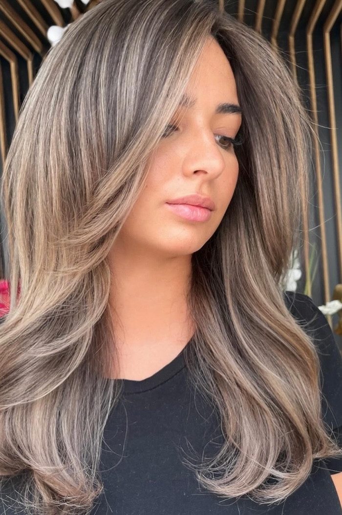 Collarbone Ash Brown With Grey Beige Balayage Collarbone Ash Brown With Grey Beige Balayage