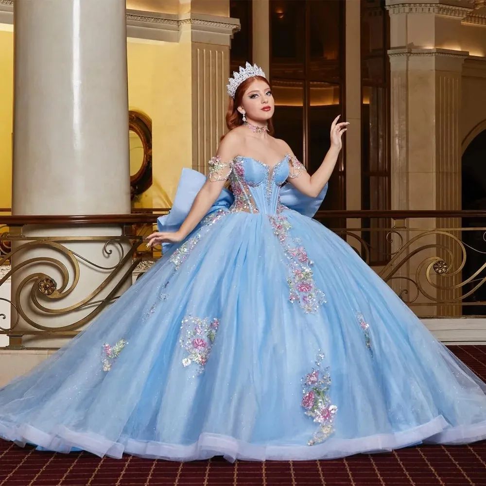 Light Blue Tulle Ball Gown with Floral Embroidery and Back Bow — Sweet 16 Dresses