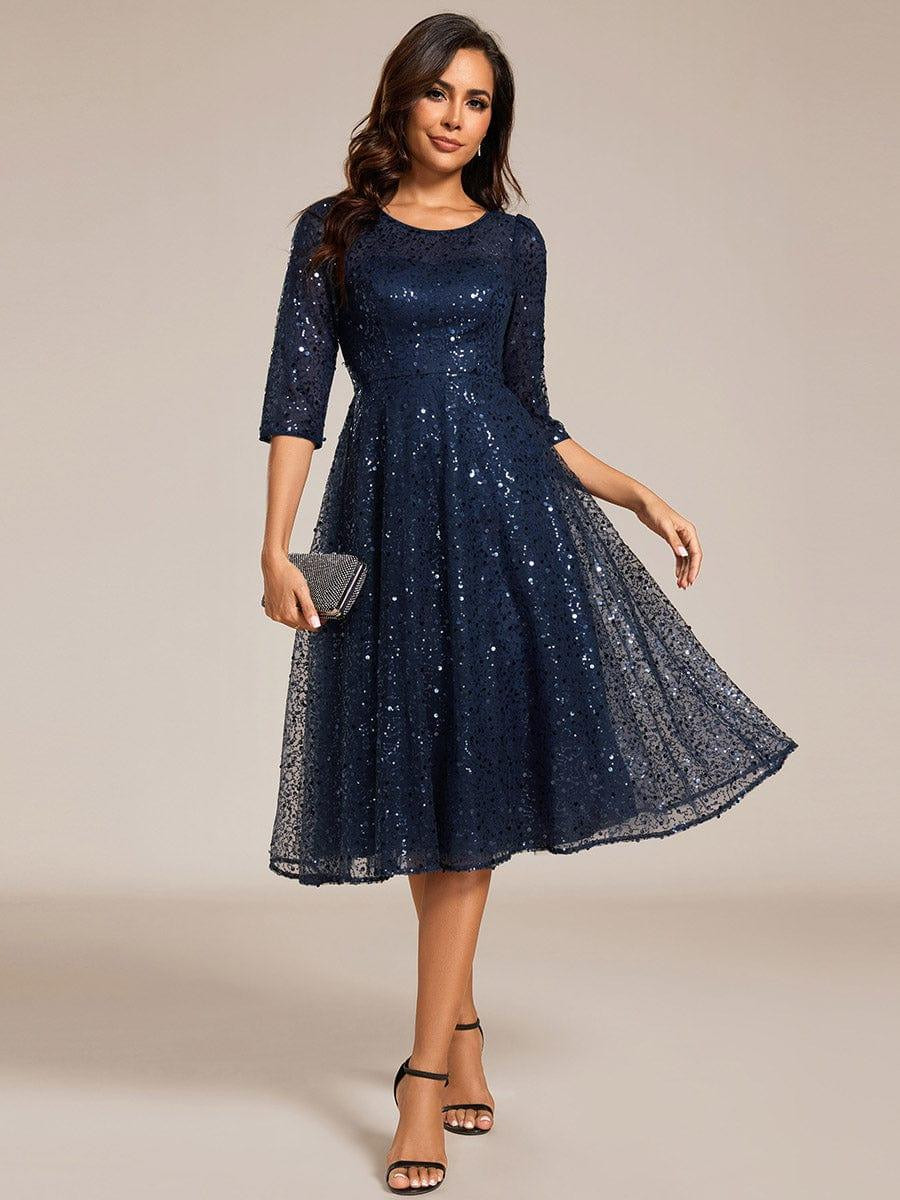 Navy Blue Sequin Midi Dress with 3/4 Sleeves Navy Blue Sequin Midi Dress with 3/4 Sleeves — Sparkly Dresses