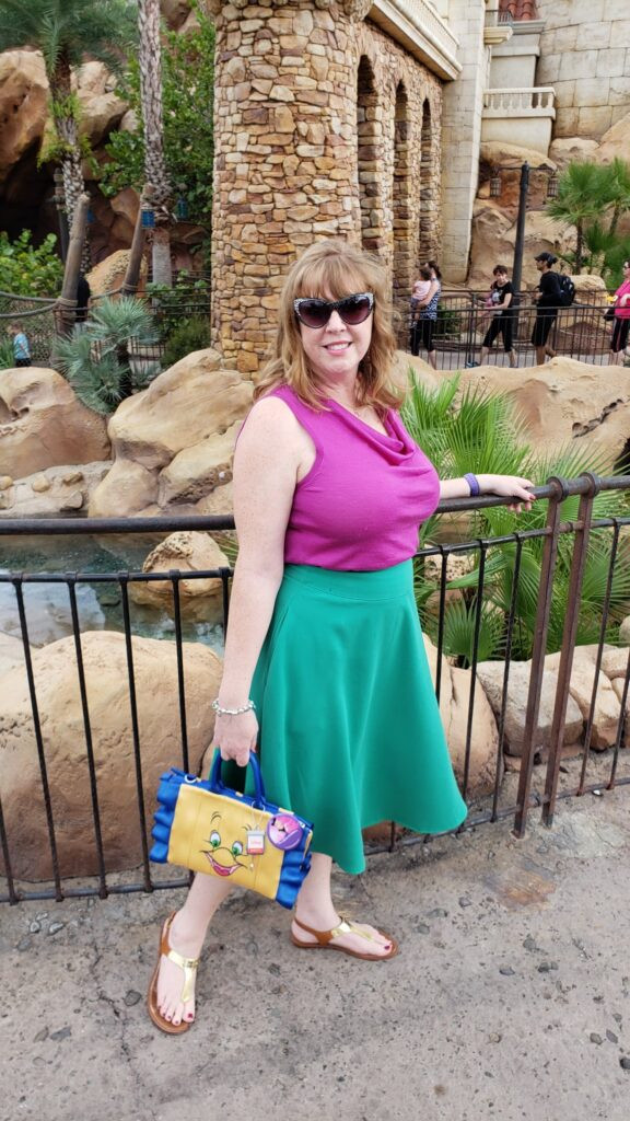 Stylish Cowl Neck Top with A-Line Skirt — Theme Park Outfits
