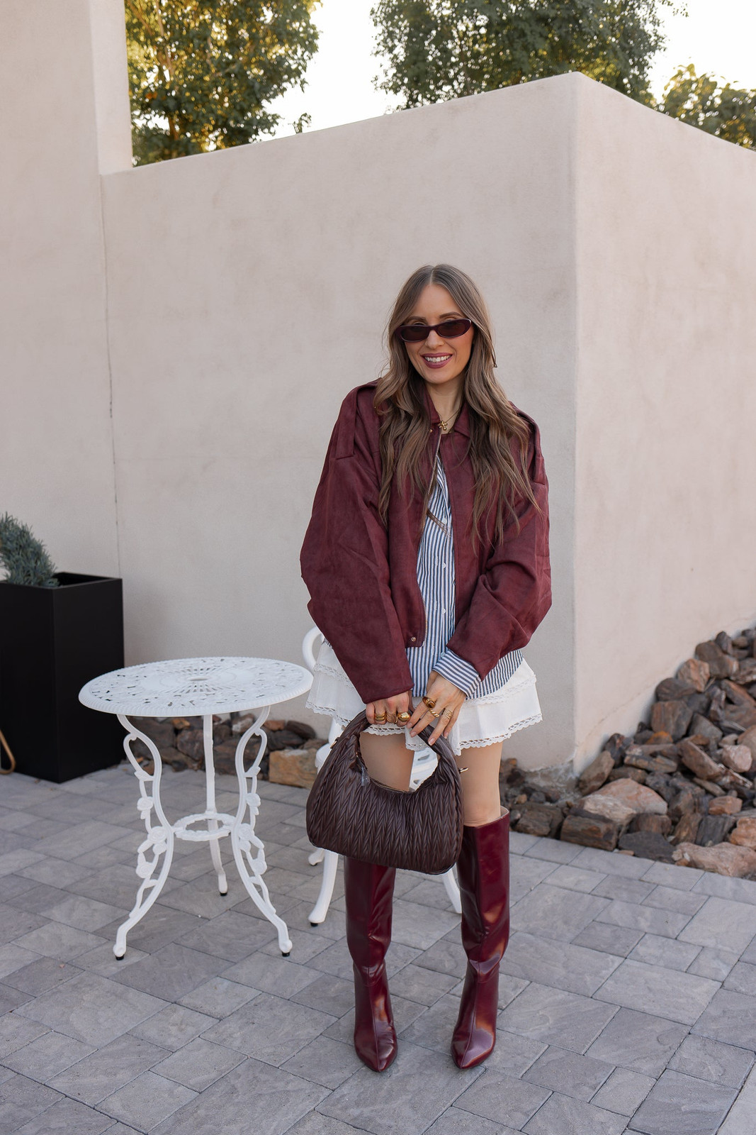Burgundy Suede Jacket and Knee-High Boots with Brown Cat Eye Sunglasses Burgundy Suede Jacket and Knee-High Boots with Brown Cat Eye Sunglasses — Cat Eye Sunglasses Outfits