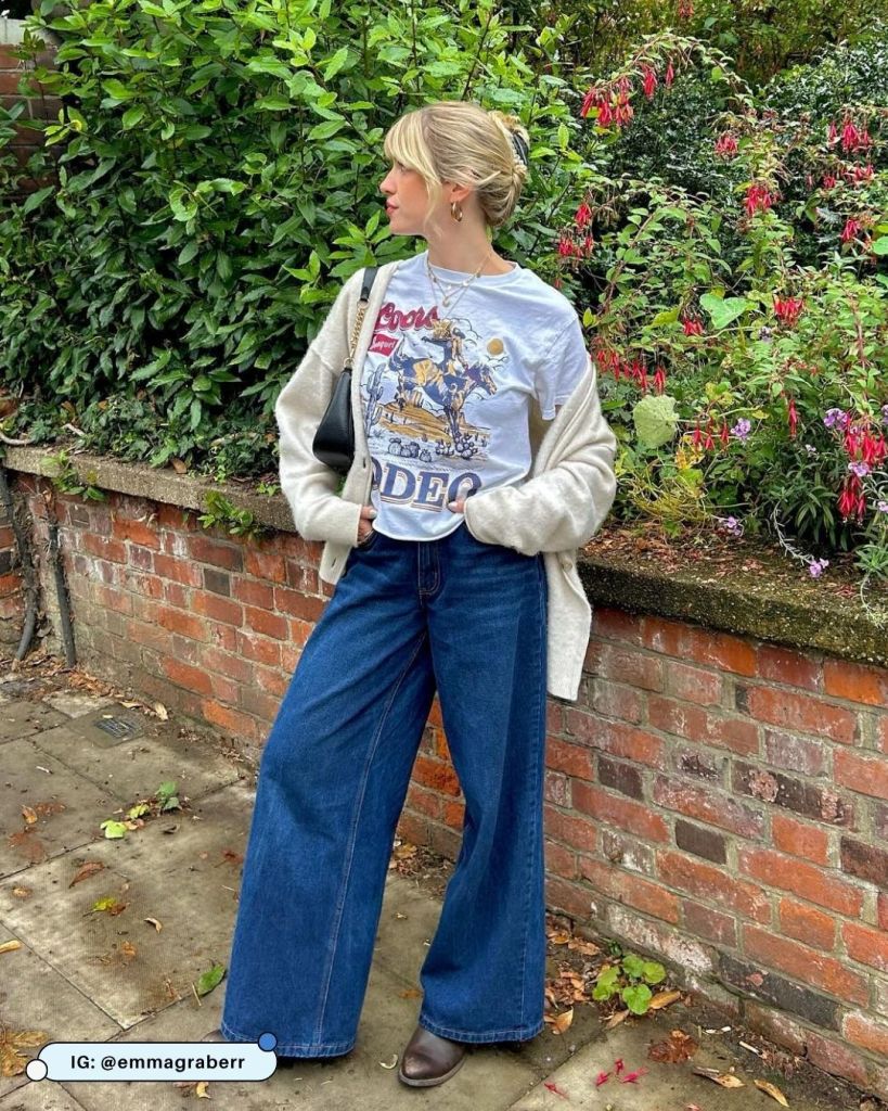 Brown Boots Graphic Tee Under Cardigan with Wide-Leg Jeans — Graphic Tee Outfits