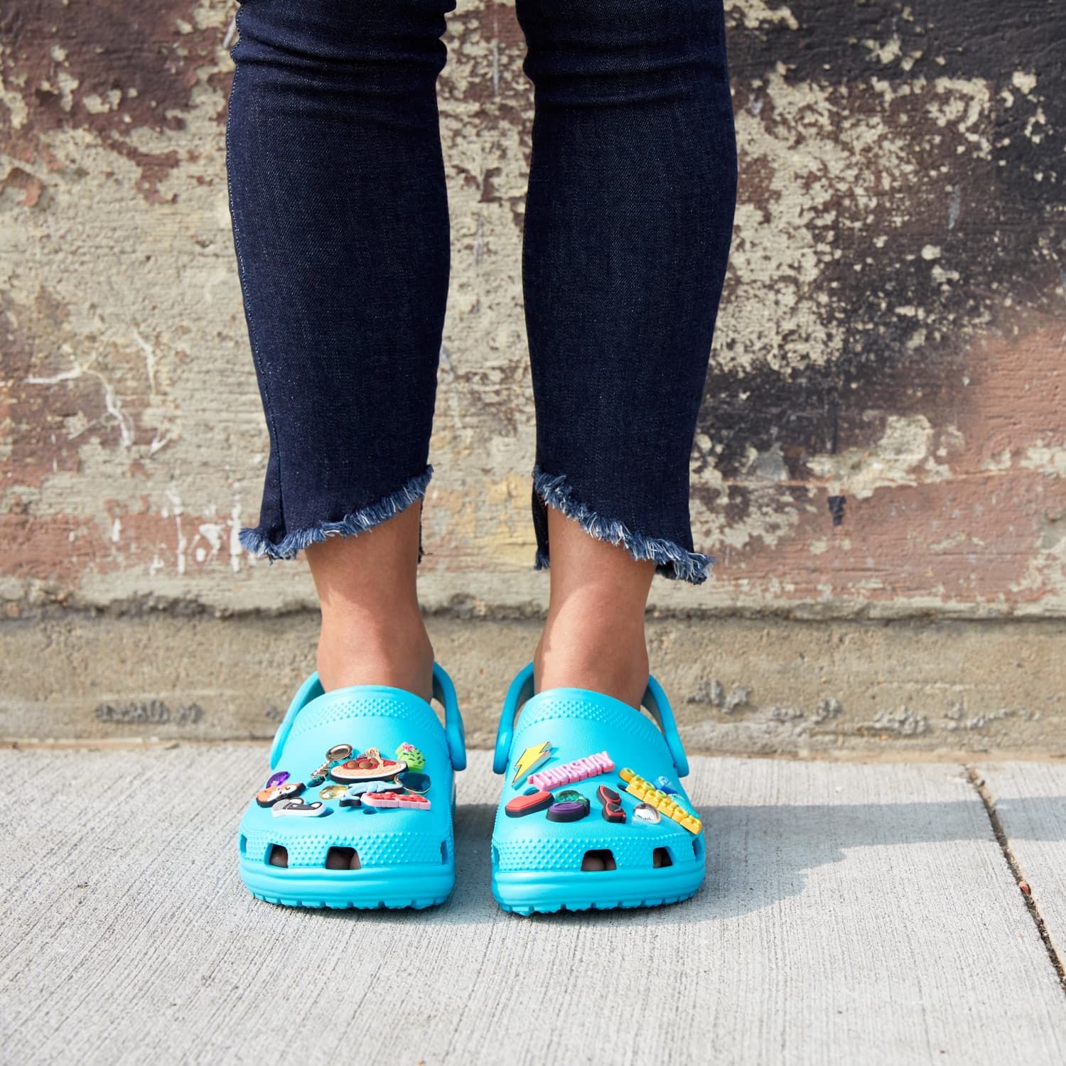 Decorated Blue Crocs with Frayed Denim — Crocs Outfits