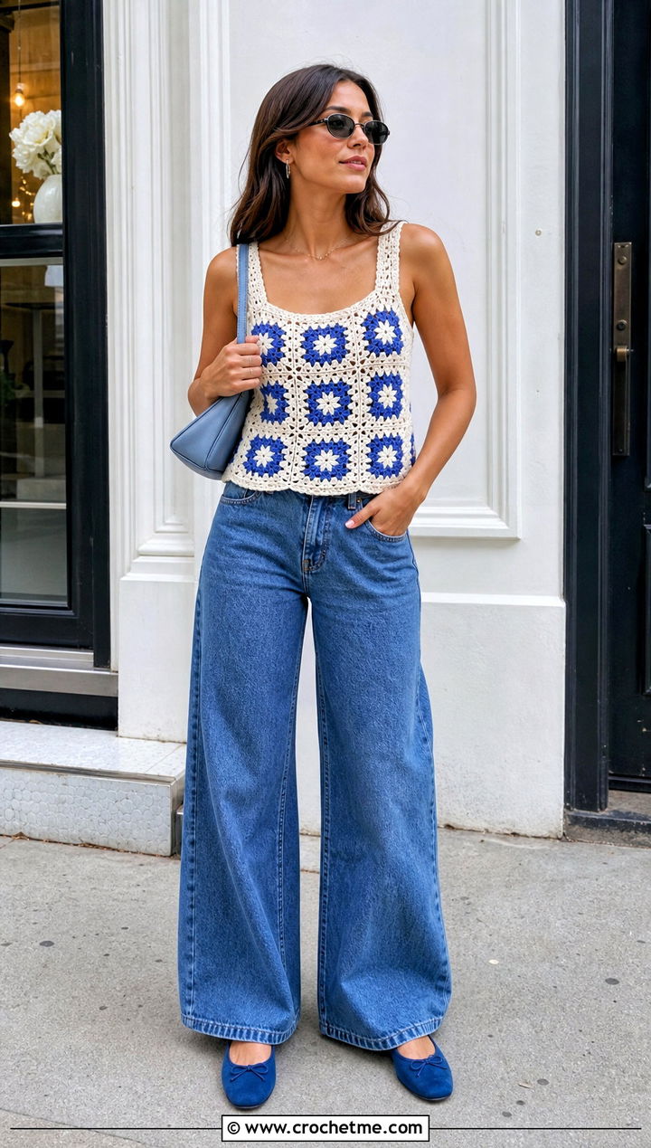 Crochet Tank Top with Blue Wide-Leg Jeans for a Bohemian Summer Vibe — Tank Top Outfits