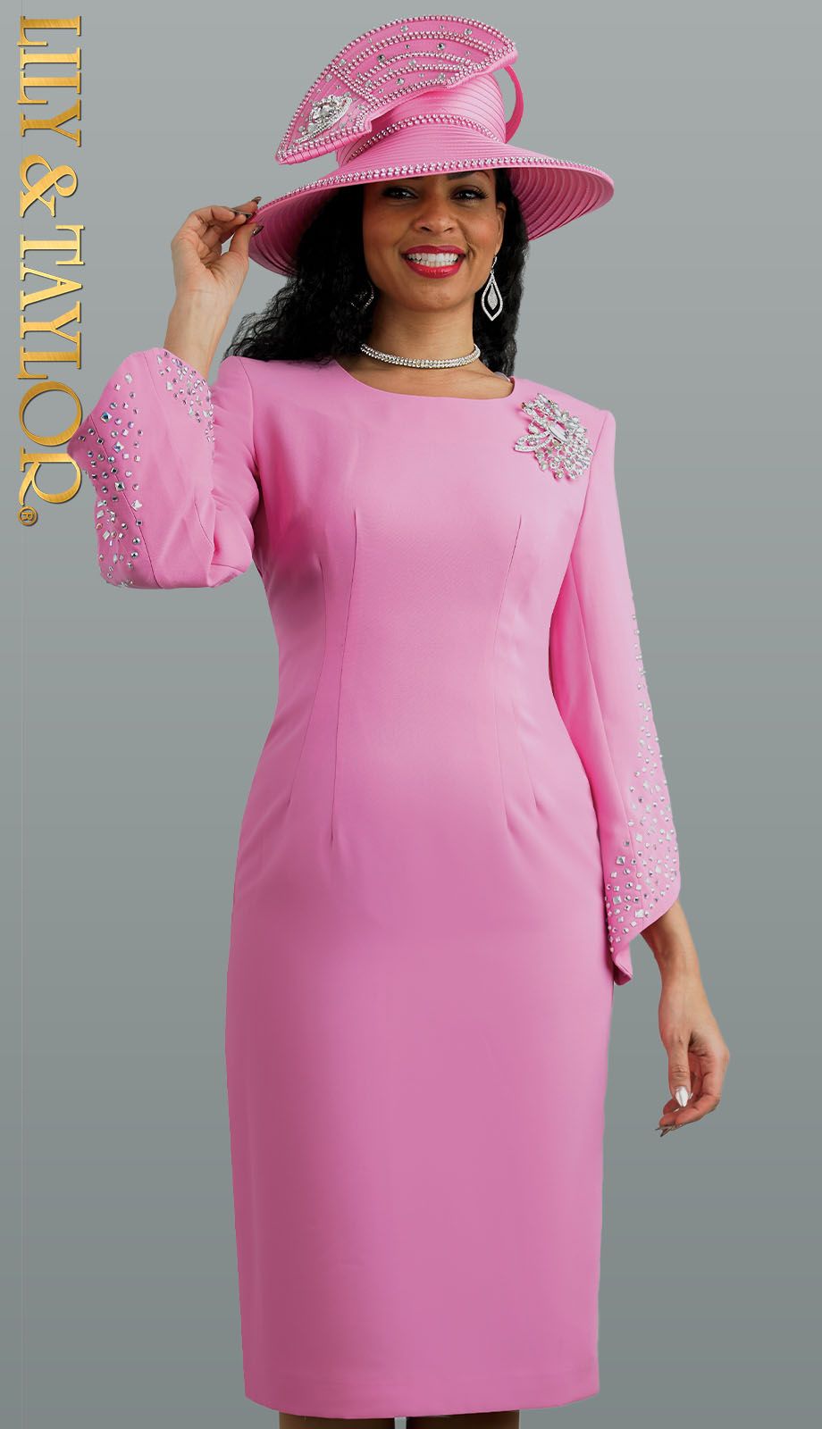 Pink Embellished Sheath Dress with Matching Hat Pink Embellished Sheath Dress with Matching Hat — Church Dresses