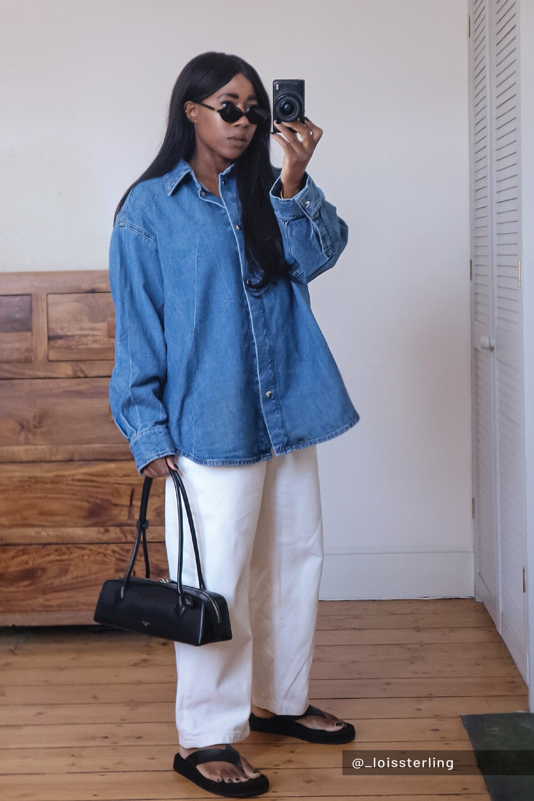 Denim on Denim: Oversized Blue Shirt with White Jeans Denim on Denim: Oversized Blue Shirt with White Jeans — White Jeans Outfits