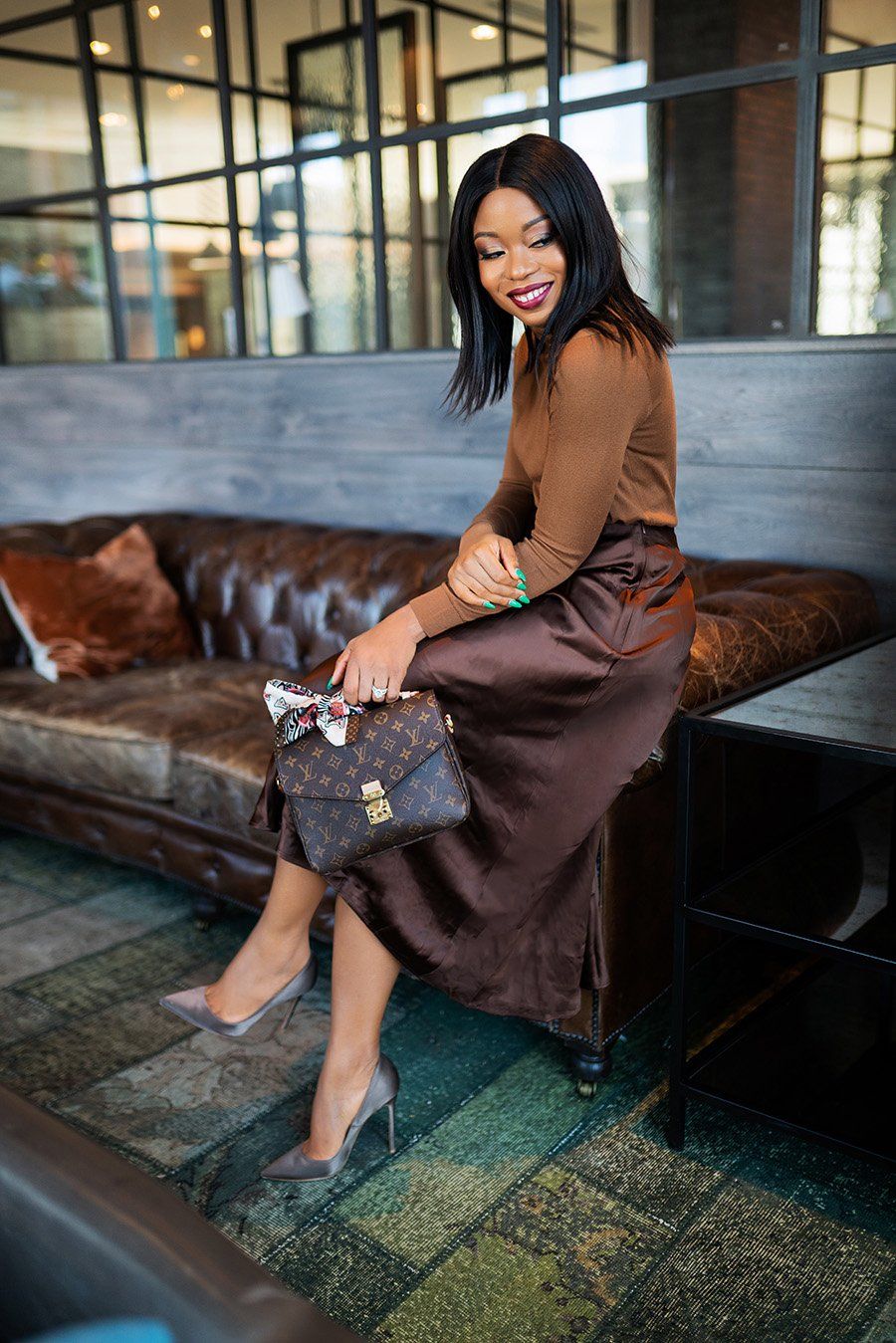 Rich Brown Satin Skirt with Fitted Knit Top and Monogrammed Bag Rich Brown Satin Skirt with Fitted Knit Top and Monogrammed Bag — Satin Skirt Outfits
