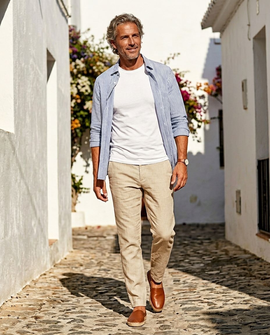 Layered Linen Shirt and Trousers for European City Strolls Layered Linen Shirt and Trousers for European City Strolls — Mens Vacation Outfits