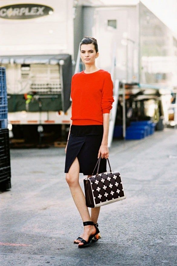 Smart Casual with Red Sweater and Pencil Skirt — Block Heels Outfits