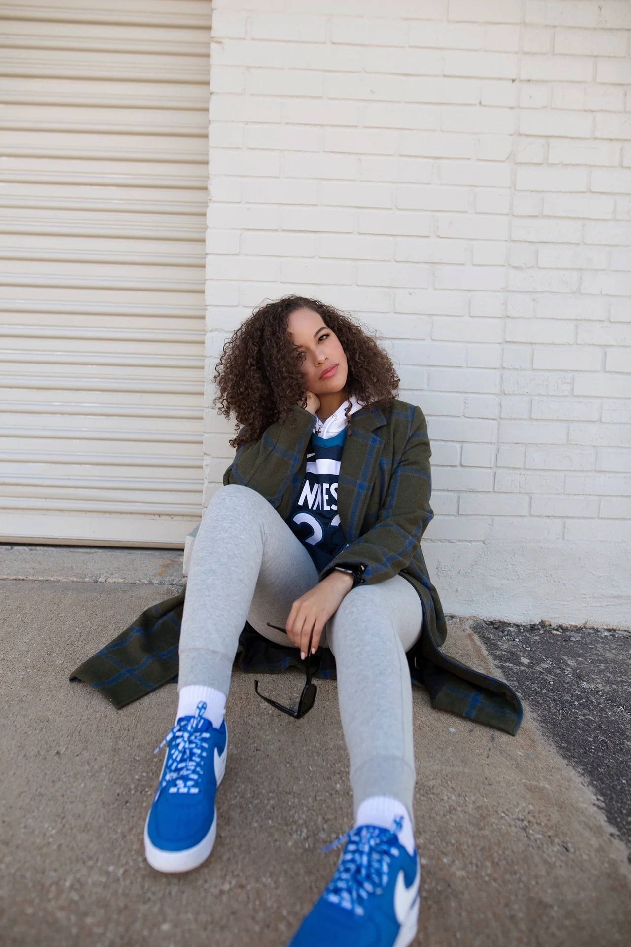 Vibrant Streetwear: Blue and White Air Force 1s with Leggings and Plaid Coat — Air Force 1 Outfits