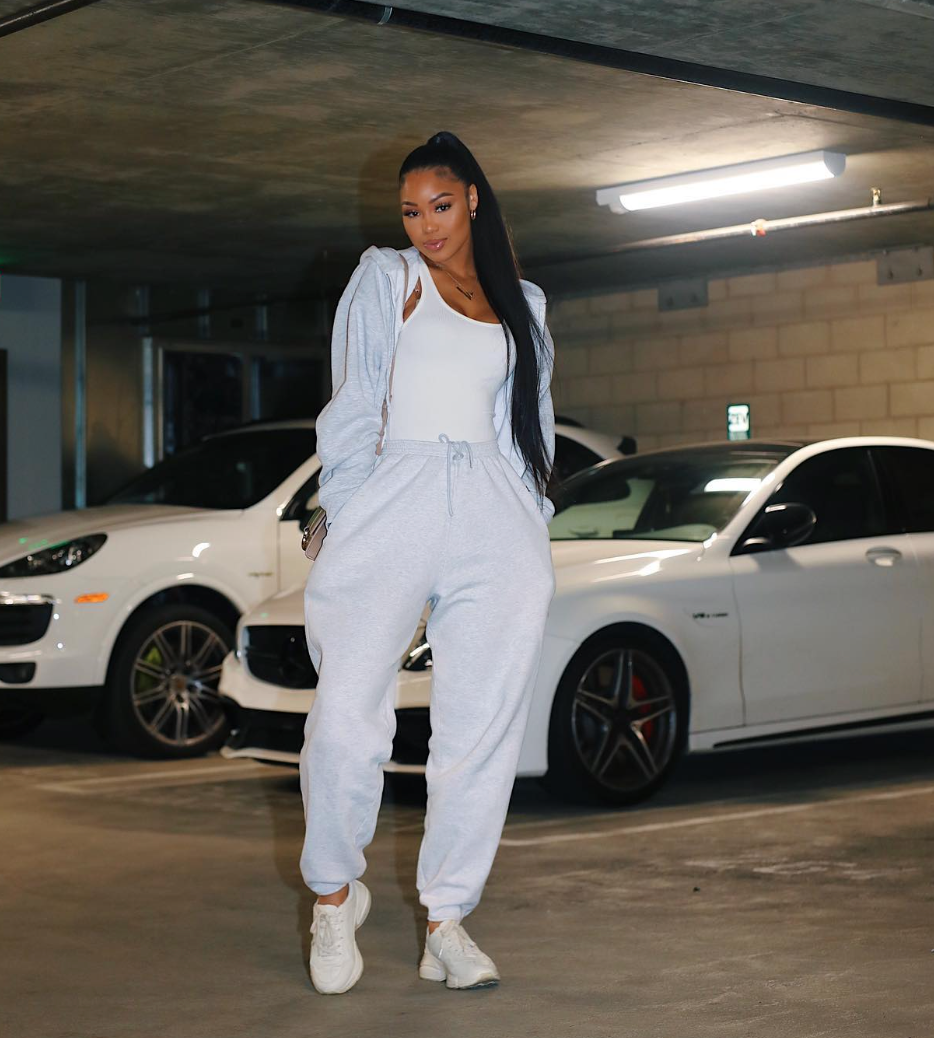 White Tank Bodysuit with Sweatpants for Loungewear — Bodysuit Outfits