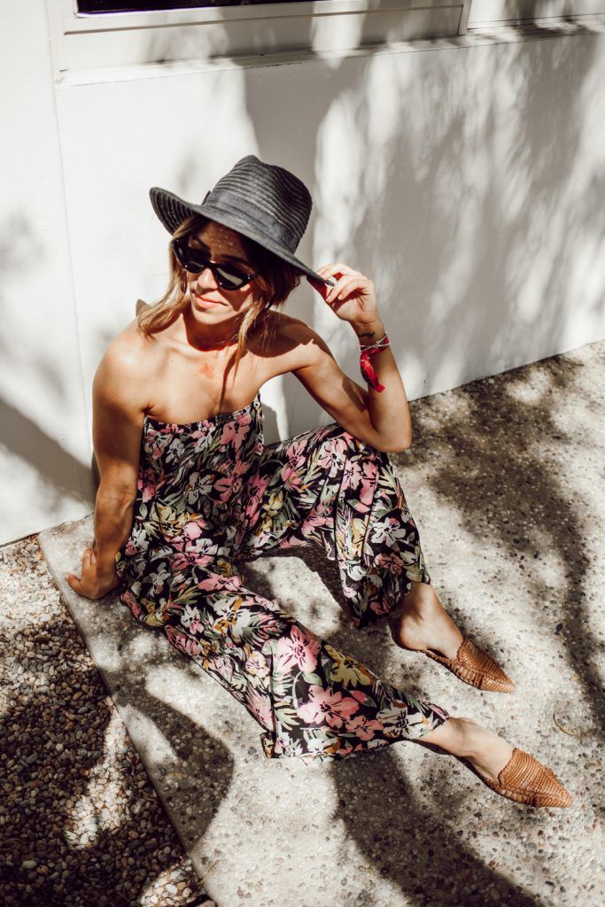 Floral Strapless Jumpsuit with Fedora for Summer Casual Floral Strapless Jumpsuit with Fedora for Summer Casual — Seattle Outfits