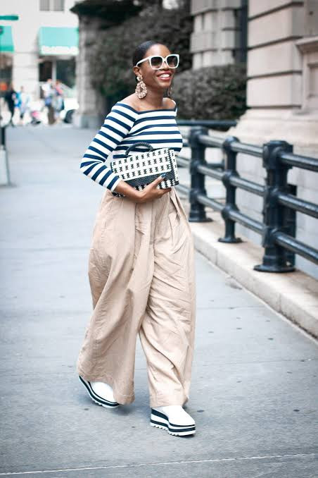 Dramatic Silhouette: Striped Off-the-Shoulder Top with Extreme Wide-Leg Pants — Off the Shoulder Top Outfits